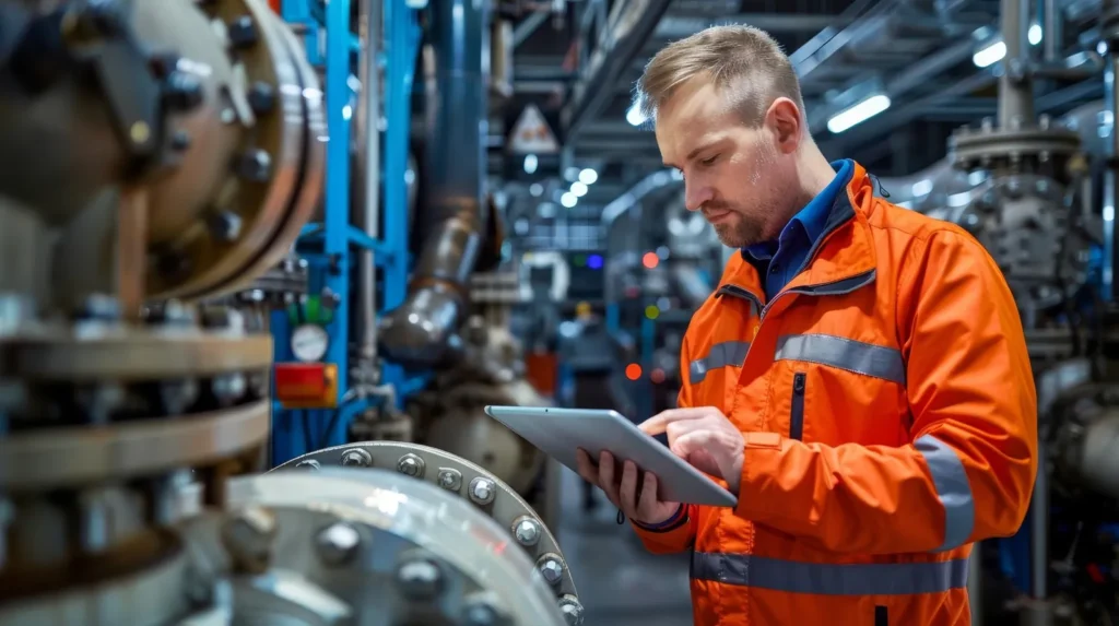 Engineer conducting vibration diagnostics with a tablet in an industrial plant